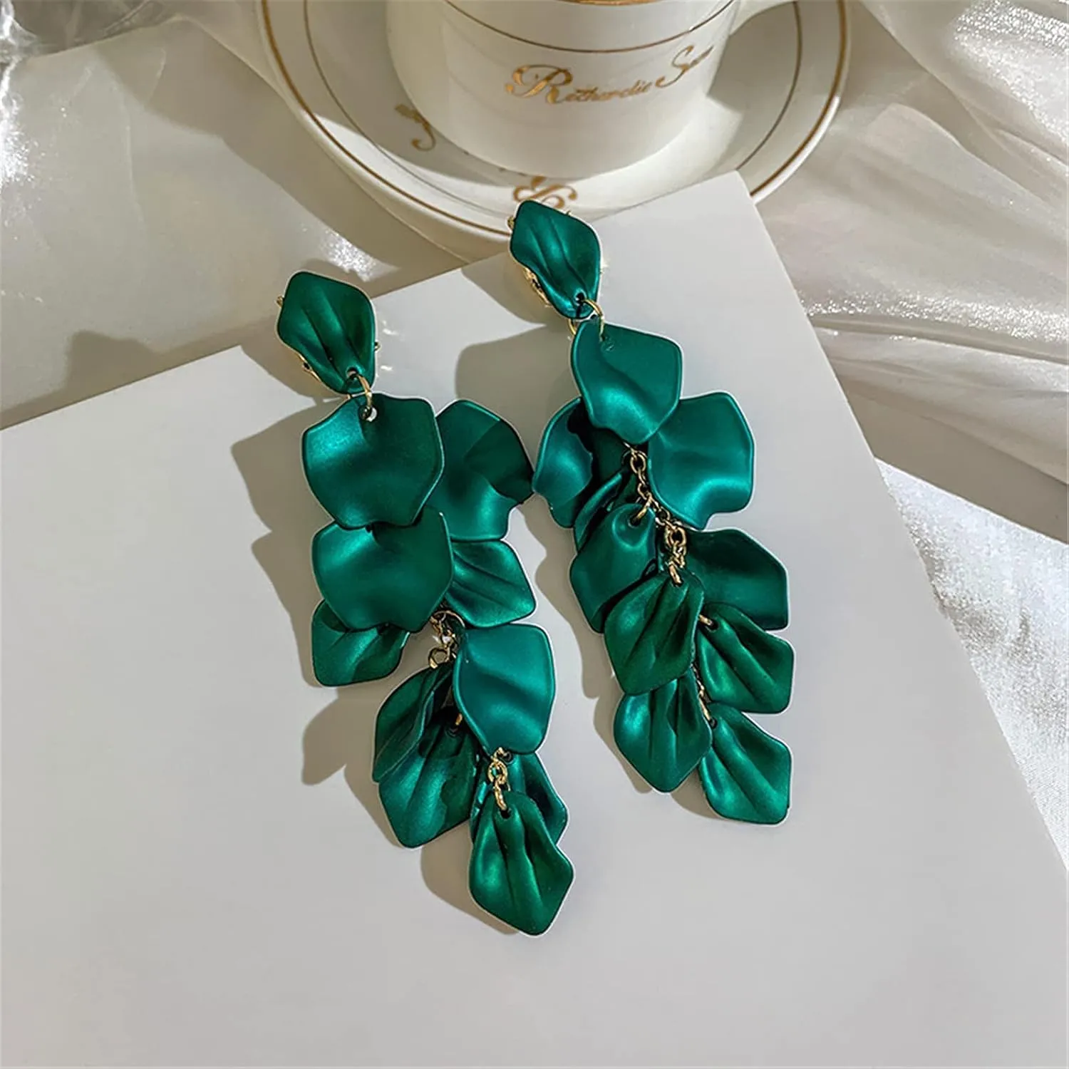MALOYANVE Acrylic Rose Petal Dangle Studs Earrings for Women Long Exaggerated Flower Gold Plated Dangling Drop Statement Floral Tassel Earrings