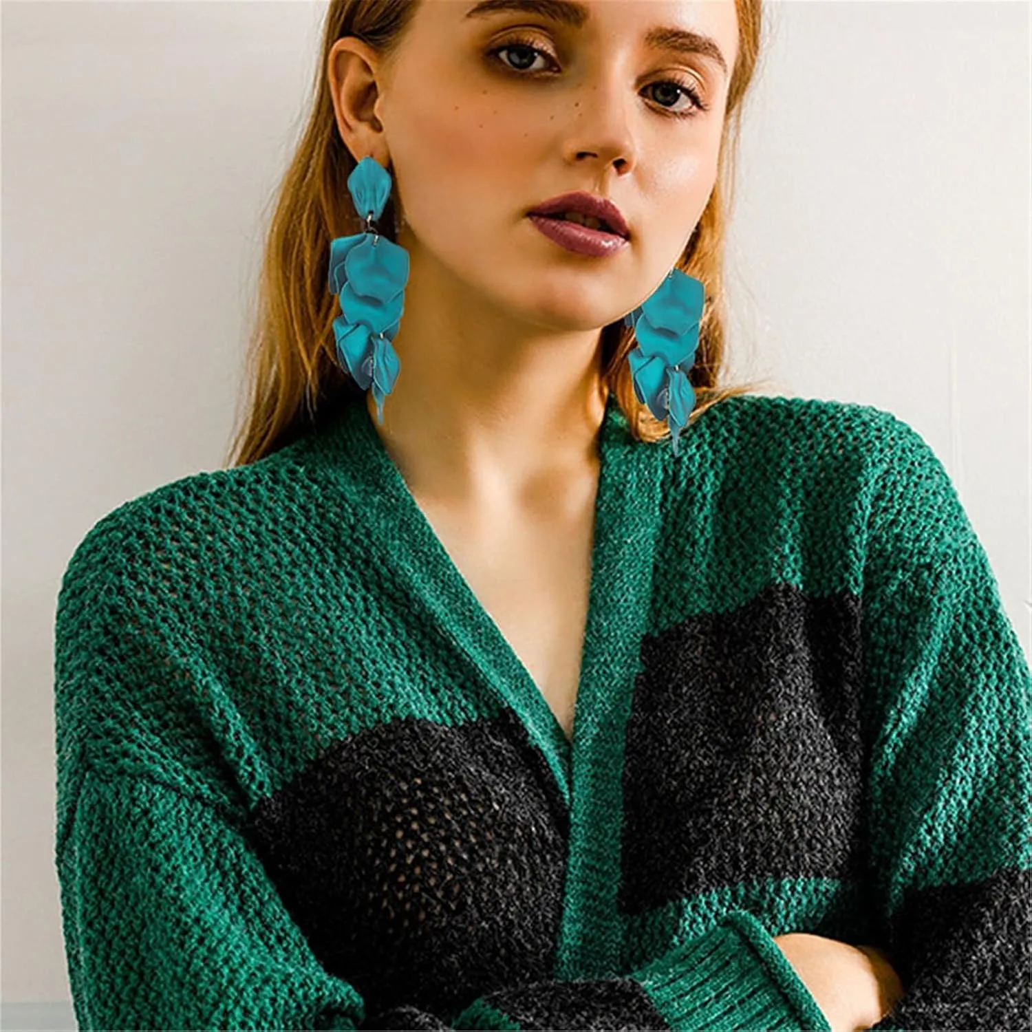 MALOYANVE Acrylic Rose Petal Dangle Studs Earrings for Women Long Exaggerated Flower Gold Plated Dangling Drop Statement Floral Tassel Earrings