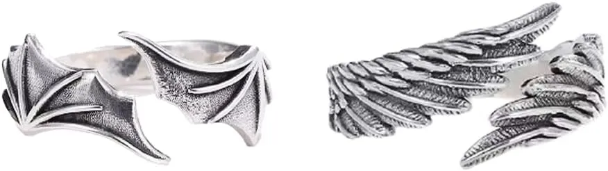 Mansheng Matching Rings for Couple Best Friends Personality Angel Devil Wing Open Adjustable Rings Promise Rings for Her Him Wing Shaped Hugging Protection Jewelry