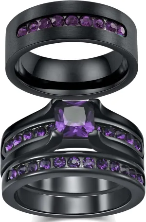 MASHAN Couple Rings His Her Wedding Ring Sets Black Matching Rings Purple AAA CZ Ring Mens Wedding Bands