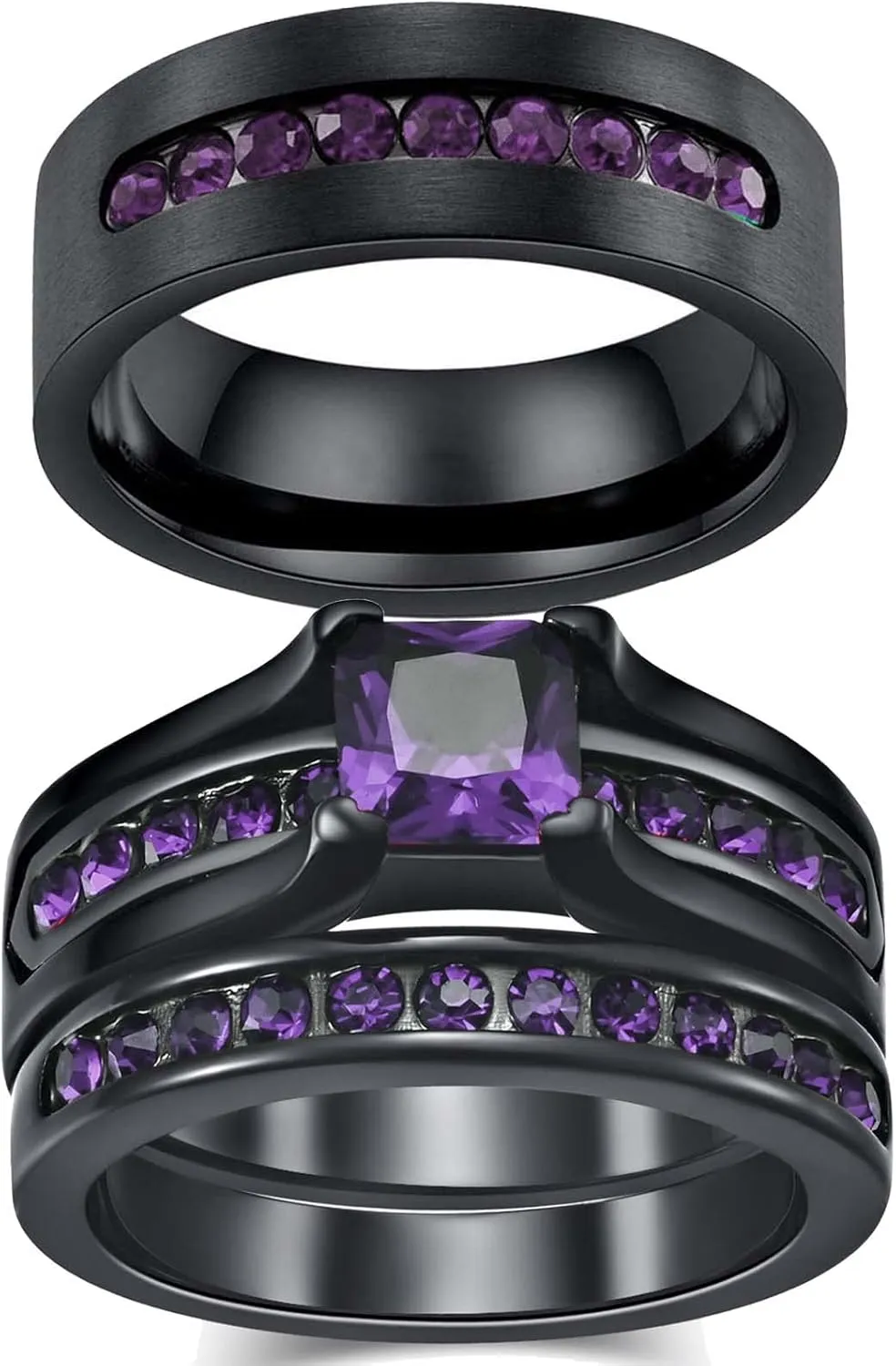 MASHAN Couple Rings His Her Wedding Ring Sets Black Matching Rings Purple AAA CZ Ring Mens Wedding Bands