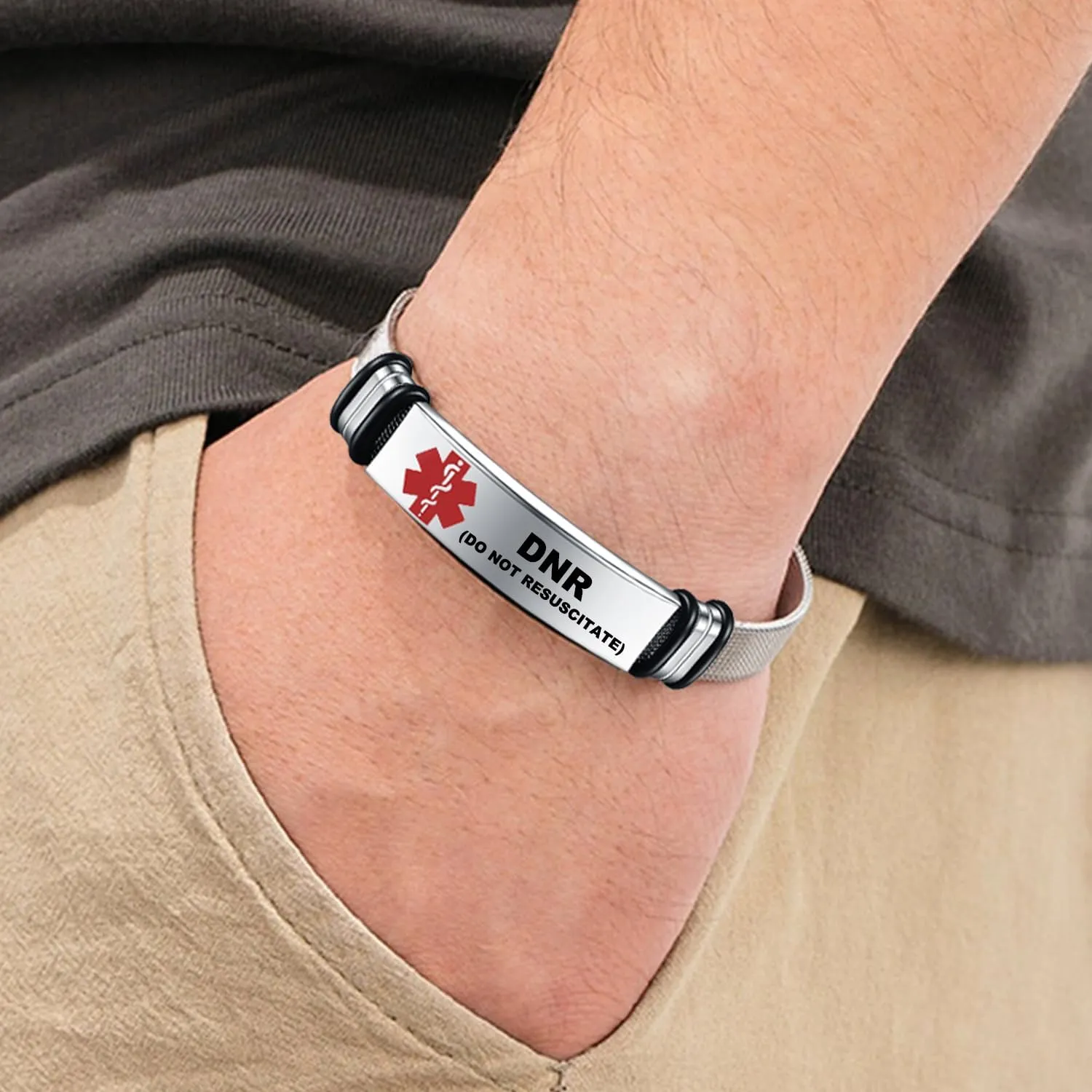 Medical Alert Bracelets for Men, Strong Durable Stainless Bracelet Medical Id Bracelets with Free Laser Engraving,Adjustable Wristband Dual-Side Engraving