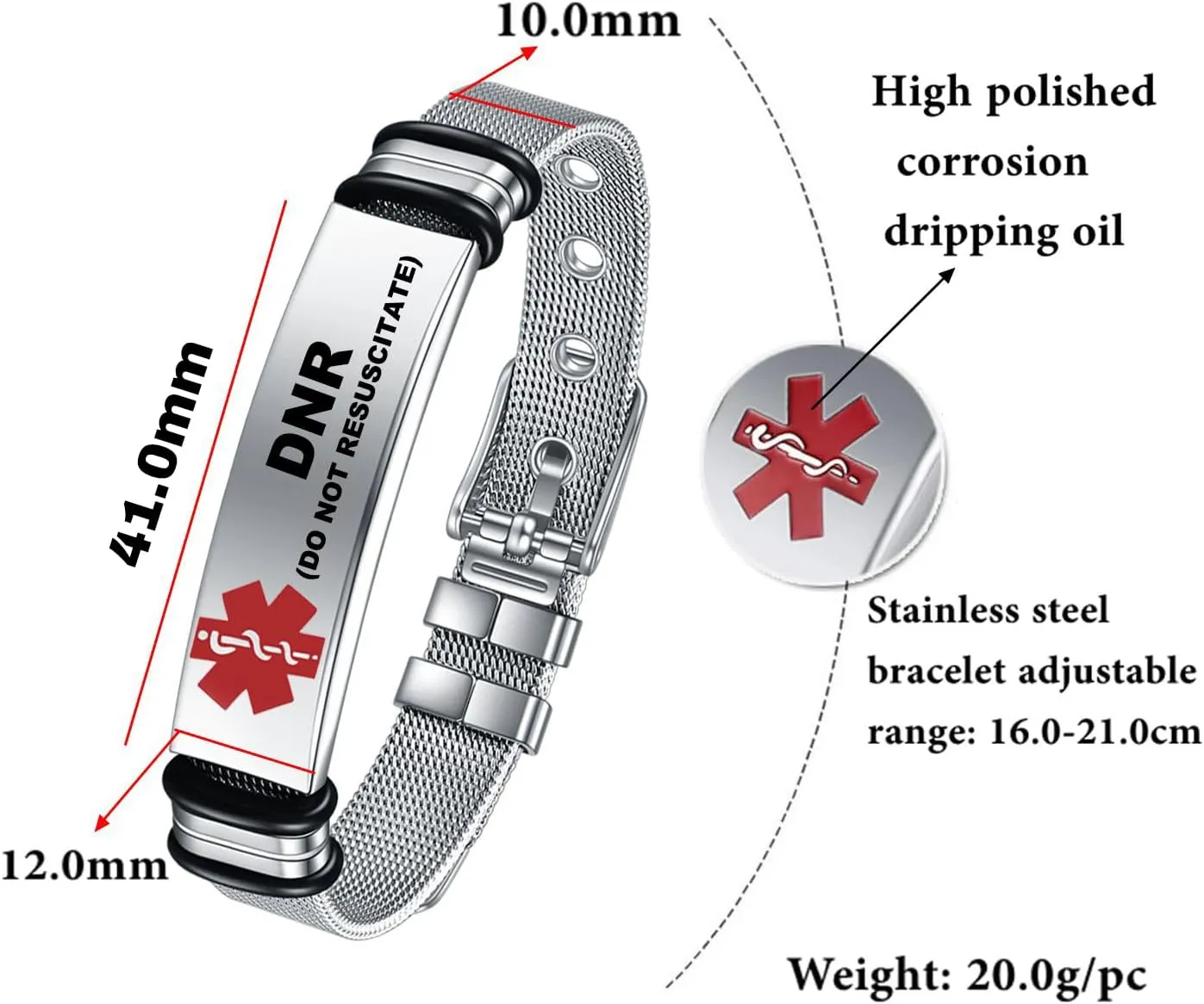 Medical Alert Bracelets for Men, Strong Durable Stainless Bracelet Medical Id Bracelets with Free Laser Engraving,Adjustable Wristband Dual-Side Engraving