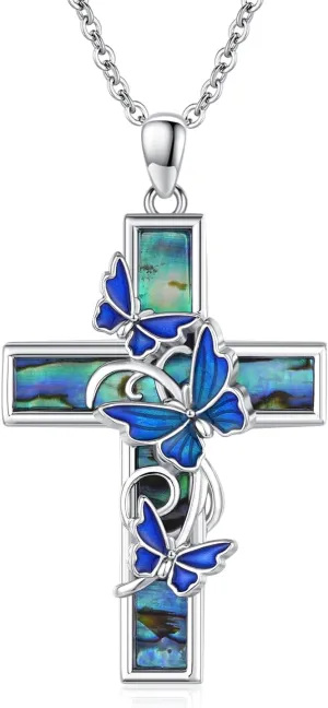 MEDWISE Butterfly Necklaces for Women 925 Sterling Silver Abalone Shell Cross Necklace for Women Butterfly Jewelry Gifts for Women Lover Mom