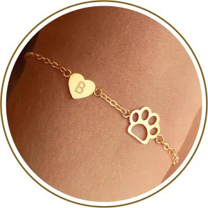 Memorial Gift for Pet Lover Initial Bracelet for Women with Heart Dog Paw Gold Bracelets for Women Non Tarnish Birthday Graduation Jewelry for Dogs Lover Sister Friends Mom