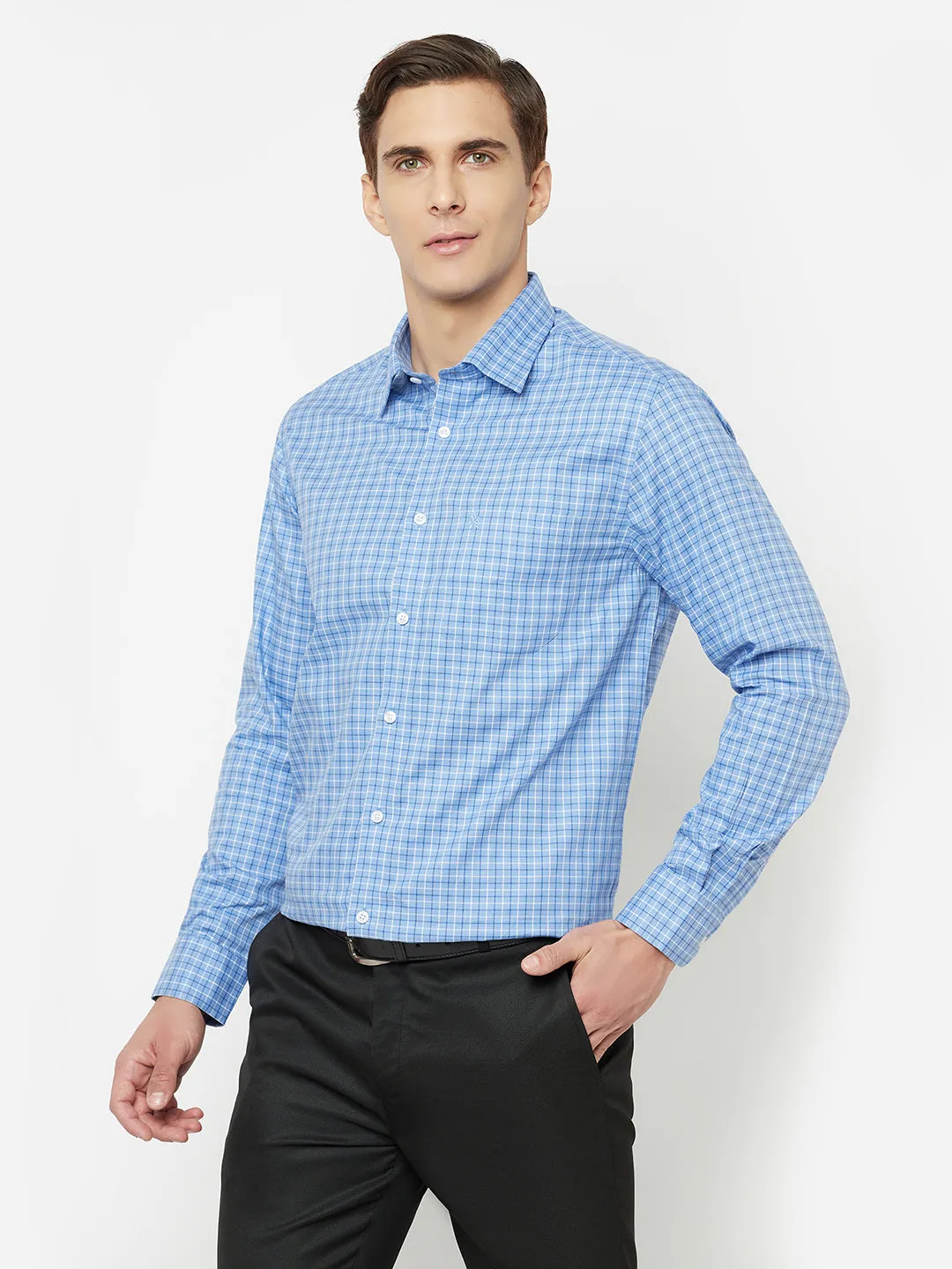 Men's Blue Formal Small Checks Full Sleeve Shirt
