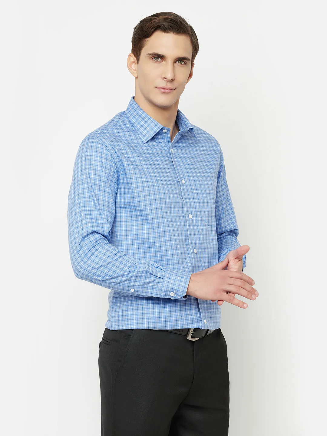 Men's Blue Formal Small Checks Full Sleeve Shirt