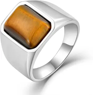 Men's Tiger Eye Square Signet Ring Stainless Steel Thumb Rings with Natural Stone for Men Jewelry Gift for Him, Size 7-12