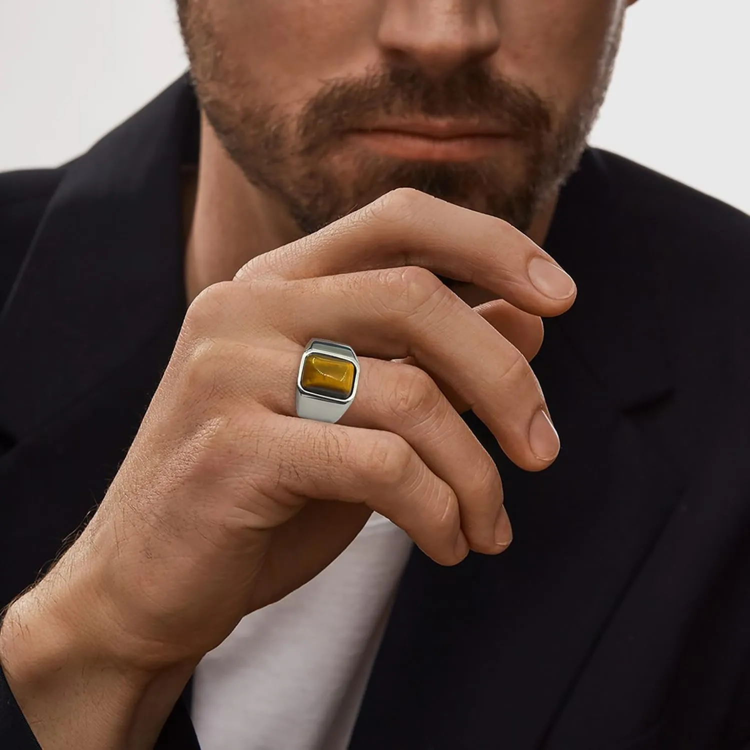 Men's Tiger Eye Square Signet Ring Stainless Steel Thumb Rings with Natural Stone for Men Jewelry Gift for Him, Size 7-12