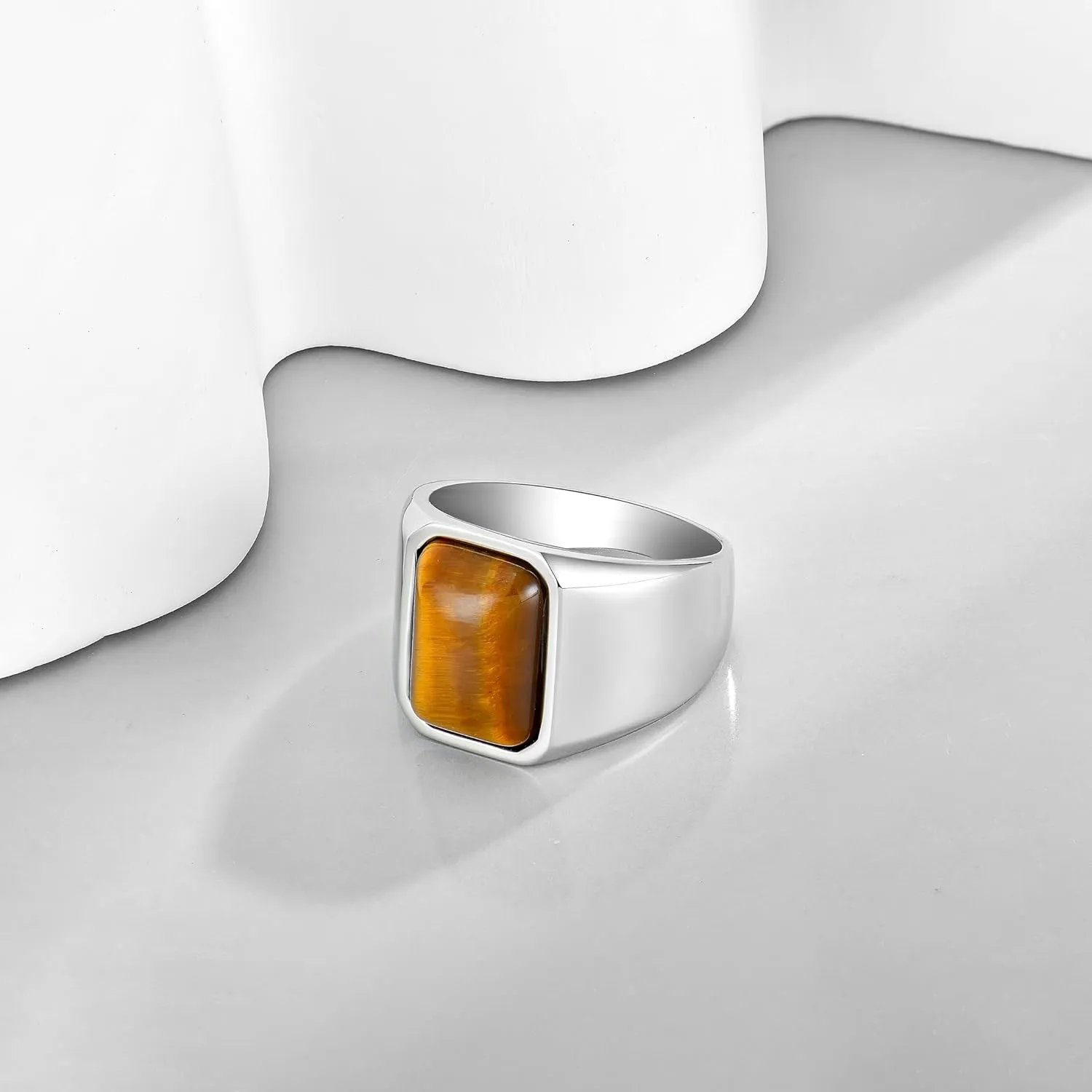 Men's Tiger Eye Square Signet Ring Stainless Steel Thumb Rings with Natural Stone for Men Jewelry Gift for Him, Size 7-12