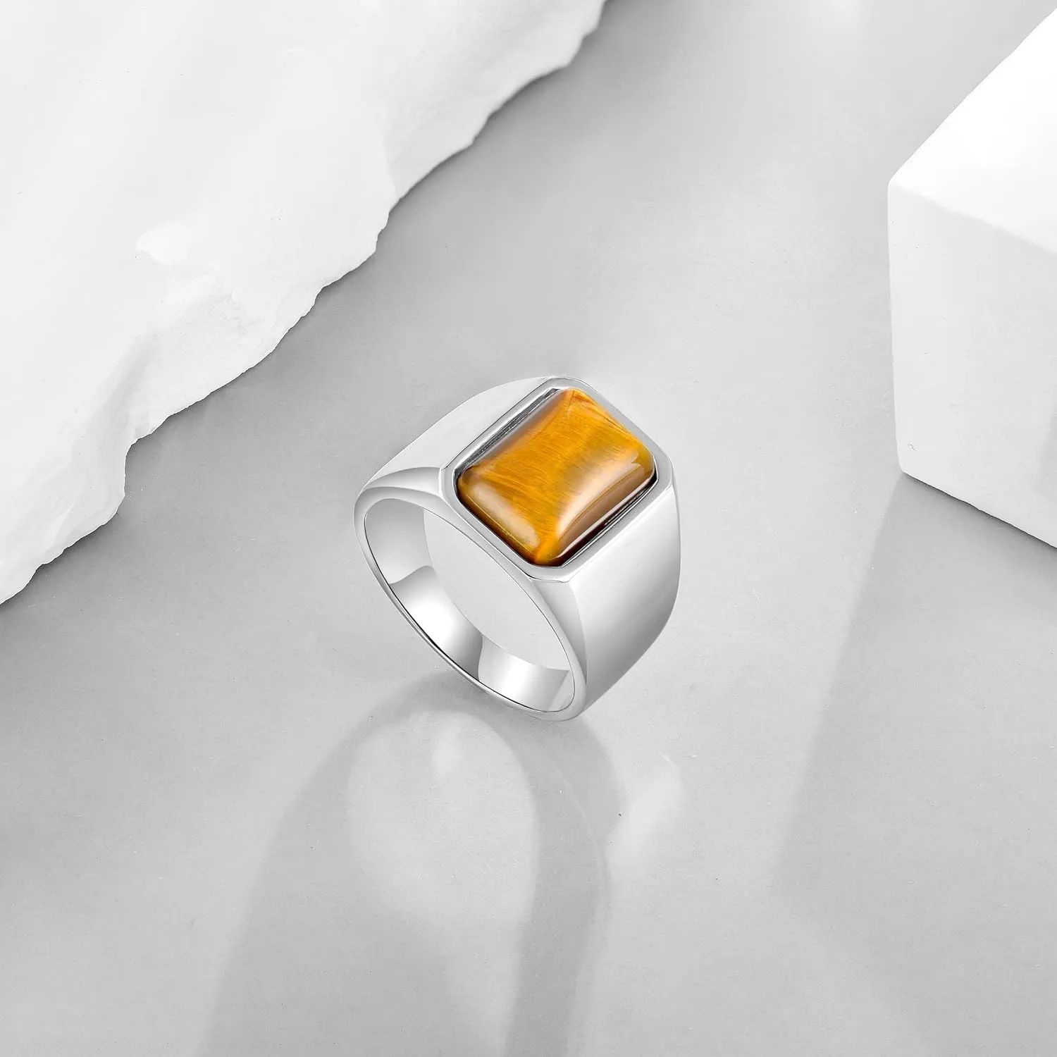 Men's Tiger Eye Square Signet Ring Stainless Steel Thumb Rings with Natural Stone for Men Jewelry Gift for Him, Size 7-12