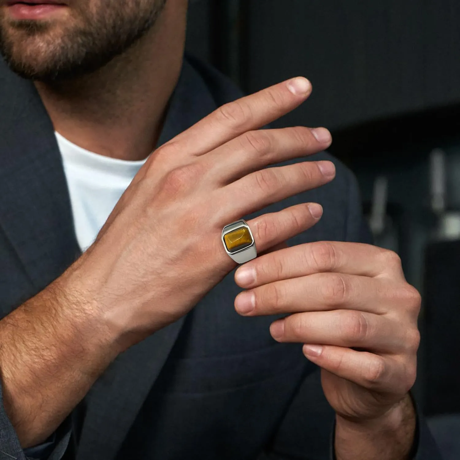 Men's Tiger Eye Square Signet Ring Stainless Steel Thumb Rings with Natural Stone for Men Jewelry Gift for Him, Size 7-12