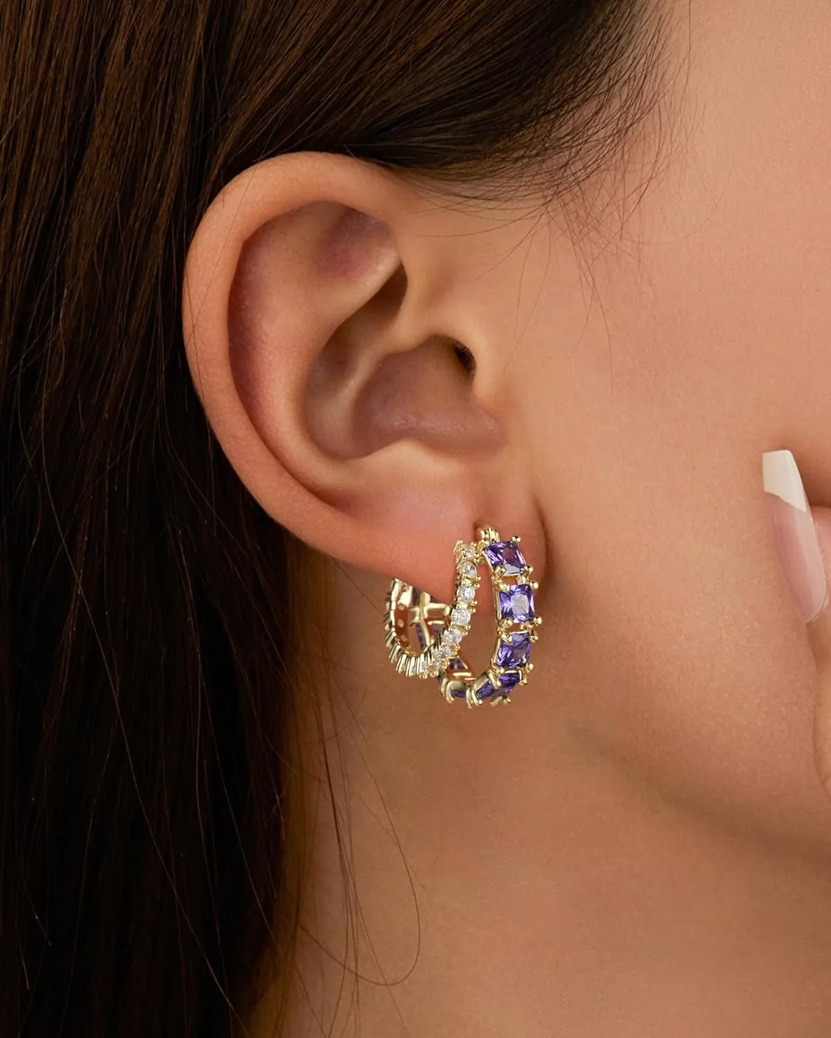 Mesovor Gold Zircon Double Hoop Earrings for Women, 14K Gold Plated Square Colored Cubic Zirconia Hoops Earrings Jewelry Gifts