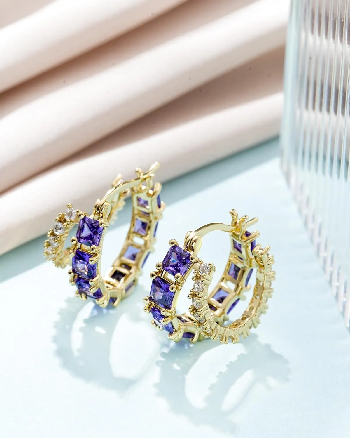Mesovor Gold Zircon Double Hoop Earrings for Women, 14K Gold Plated Square Colored Cubic Zirconia Hoops Earrings Jewelry Gifts