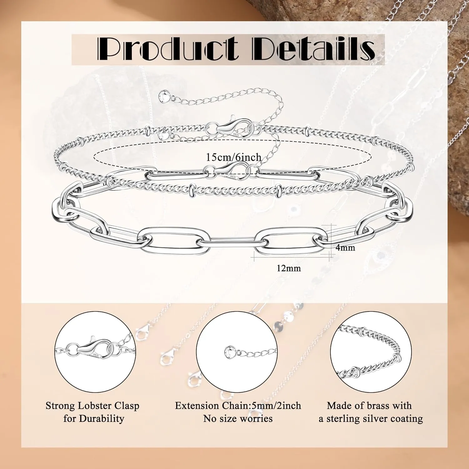 MILACOLATO 925 Sterling Silver Clasp Paperclip Chain Bracelets 14K White Gold Plated Solid Diamond-Cut Paperclip Chain Women Bracelet Adjustable Layered Satellite Beads Bracelets for Women