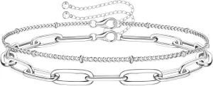 MILACOLATO 925 Sterling Silver Clasp Paperclip Chain Bracelets 14K White Gold Plated Solid Diamond-Cut Paperclip Chain Women Bracelet Adjustable Layered Satellite Beads Bracelets for Women
