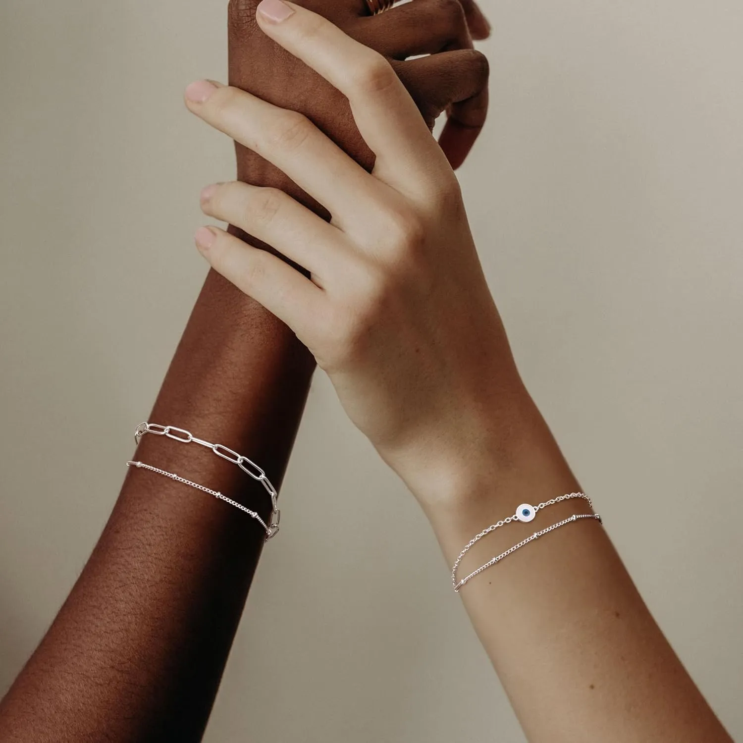 MILACOLATO 925 Sterling Silver Clasp Paperclip Chain Bracelets 14K White Gold Plated Solid Diamond-Cut Paperclip Chain Women Bracelet Adjustable Layered Satellite Beads Bracelets for Women