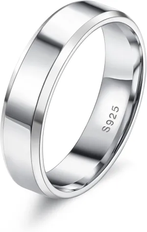 Milacolato 925 Sterling Silver Rings for Women Men 18K White Gold Plated Beveled Edge Plain Thumb Ring High Polish Wedding Band Ring Comfort Fit Size 6-11, 3mm 4mm 5mm 6mm