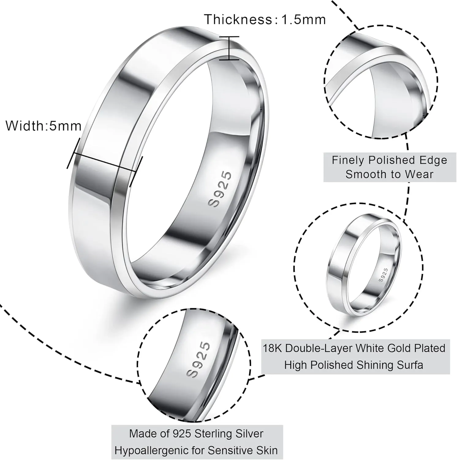 Milacolato 925 Sterling Silver Rings for Women Men 18K White Gold Plated Beveled Edge Plain Thumb Ring High Polish Wedding Band Ring Comfort Fit Size 6-11, 3mm 4mm 5mm 6mm