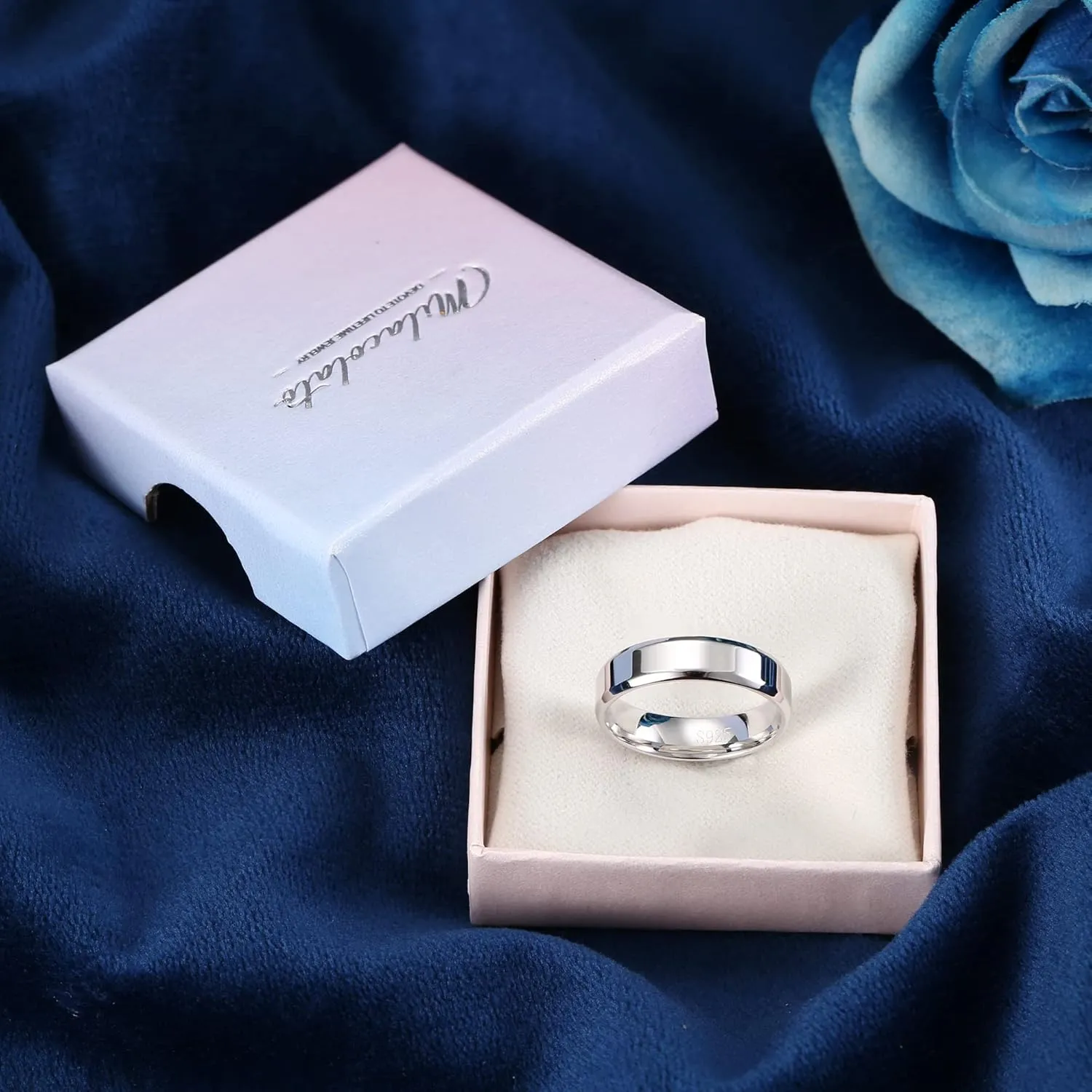 Milacolato 925 Sterling Silver Rings for Women Men 18K White Gold Plated Beveled Edge Plain Thumb Ring High Polish Wedding Band Ring Comfort Fit Size 6-11, 3mm 4mm 5mm 6mm