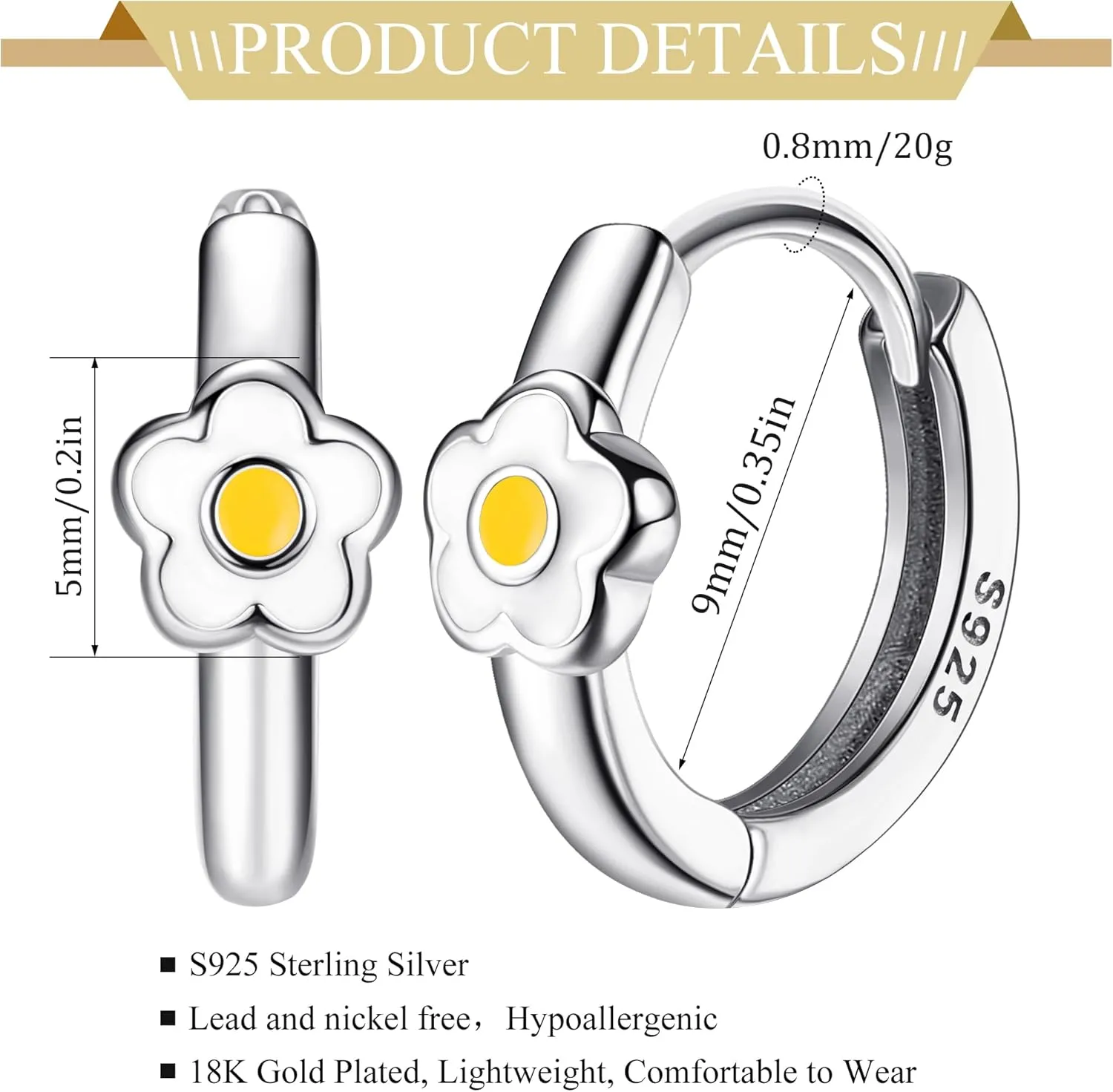 MILACOLATO 925 Sterling Silver Small Hoop Earrings Toddler 18K Gold Plated Daisy Earrings Pink Yellow FLower Huggie Hoop Earrings for Women Hypoallergenic Earrings for Sensitive Ears