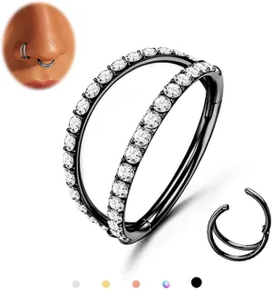 MILACOLATO G23 Titanium Nose Rings Hoops 16G 18G 20G Double Hoop Septum Click Nose Rings Lip Rook Lobe Tragus Helix Cartilage Daith Conch Earrings Clear CZ Paved Nose Piercing Jewelry for Women Men
