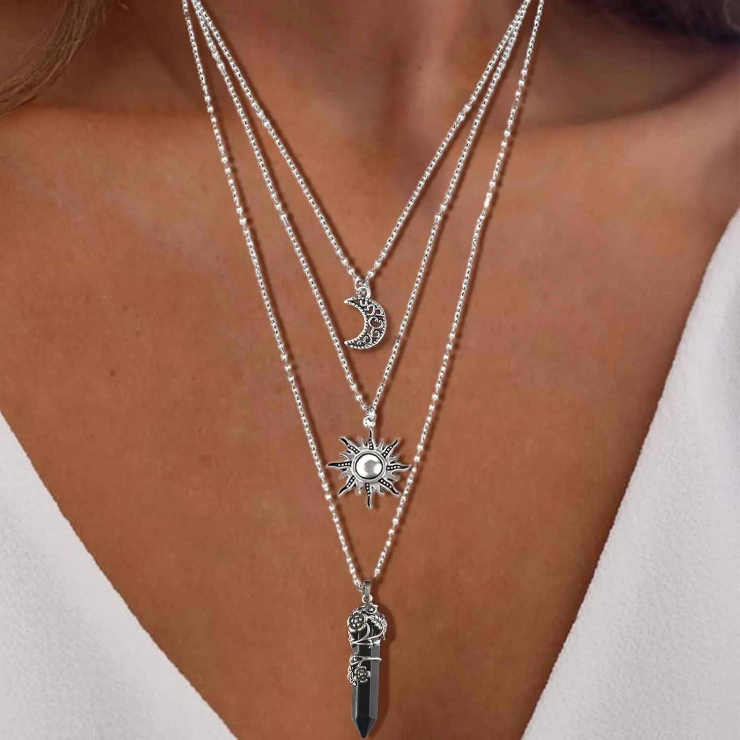 MJartoria Gothic Necklaces Chakra Sun and Moon Charm Pendant Layered Choker Necklace Set Gothic Jewelry for Women