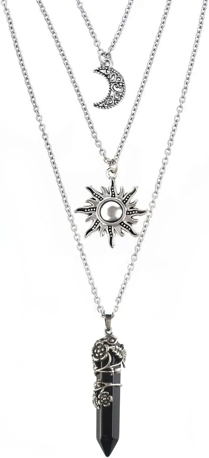 MJartoria Gothic Necklaces Chakra Sun and Moon Charm Pendant Layered Choker Necklace Set Gothic Jewelry for Women