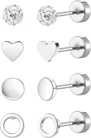 MJust Flat Back Titanium Earrings for Women & Men, 4 Pairs Hypoallergenic Titanium Earrings for Sensitive Ears, Screw Back Cartilage Earrings Set with CZ & Opal