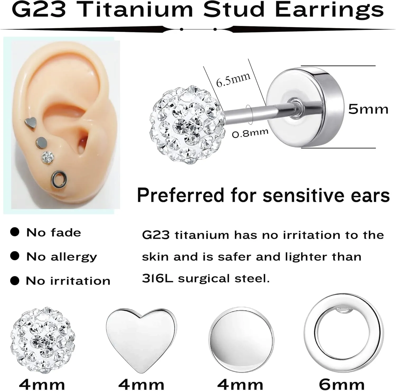 MJust Flat Back Titanium Earrings for Women & Men, 4 Pairs Hypoallergenic Titanium Earrings for Sensitive Ears, Screw Back Cartilage Earrings Set with CZ & Opal