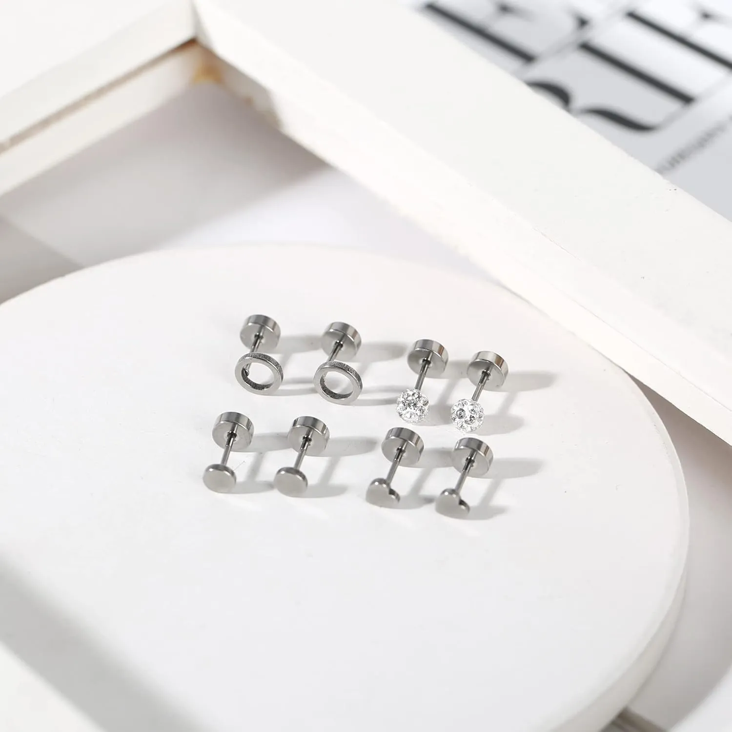 MJust Flat Back Titanium Earrings for Women & Men, 4 Pairs Hypoallergenic Titanium Earrings for Sensitive Ears, Screw Back Cartilage Earrings Set with CZ & Opal