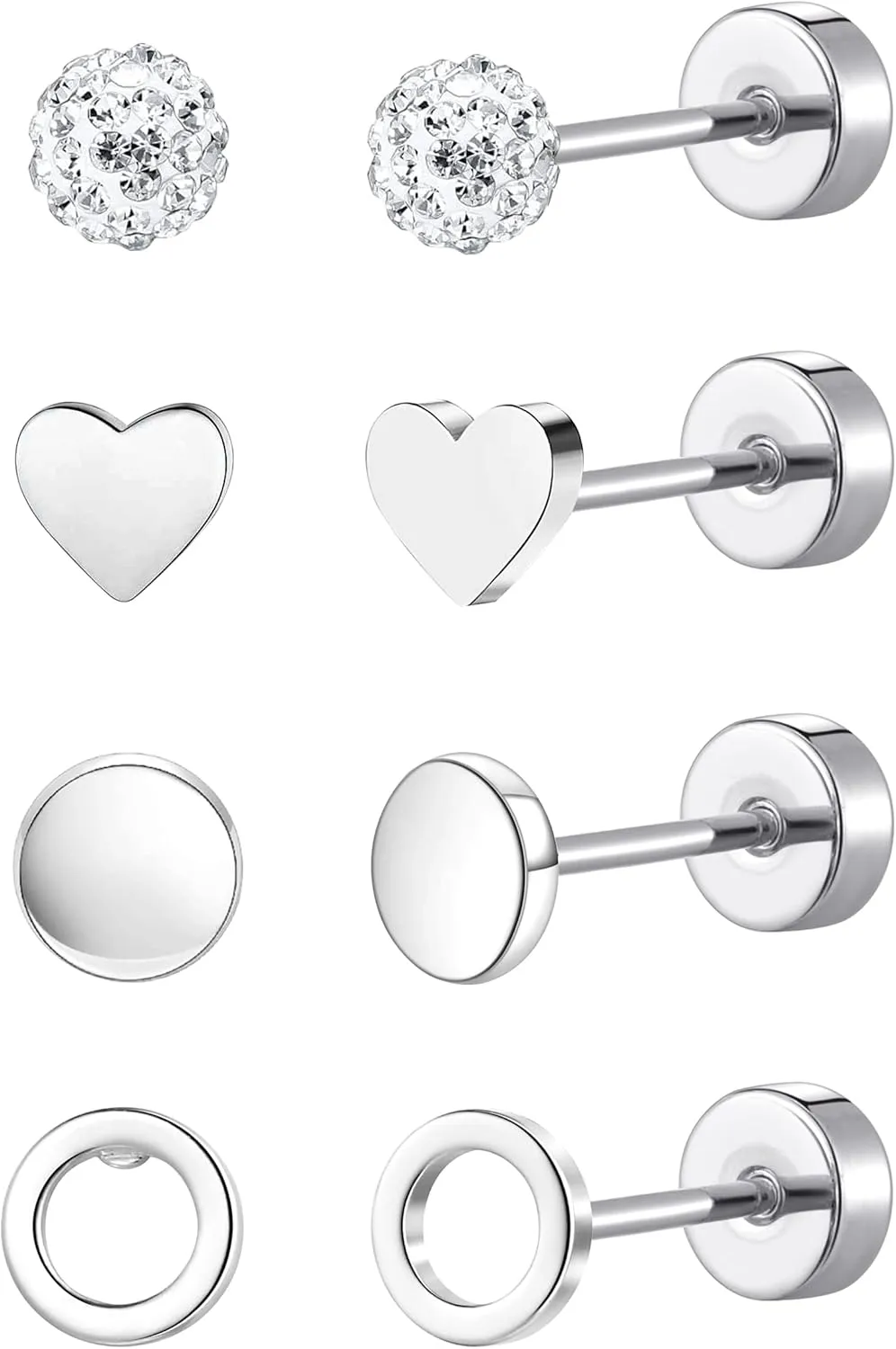 MJust Flat Back Titanium Earrings for Women & Men, 4 Pairs Hypoallergenic Titanium Earrings for Sensitive Ears, Screw Back Cartilage Earrings Set with CZ & Opal