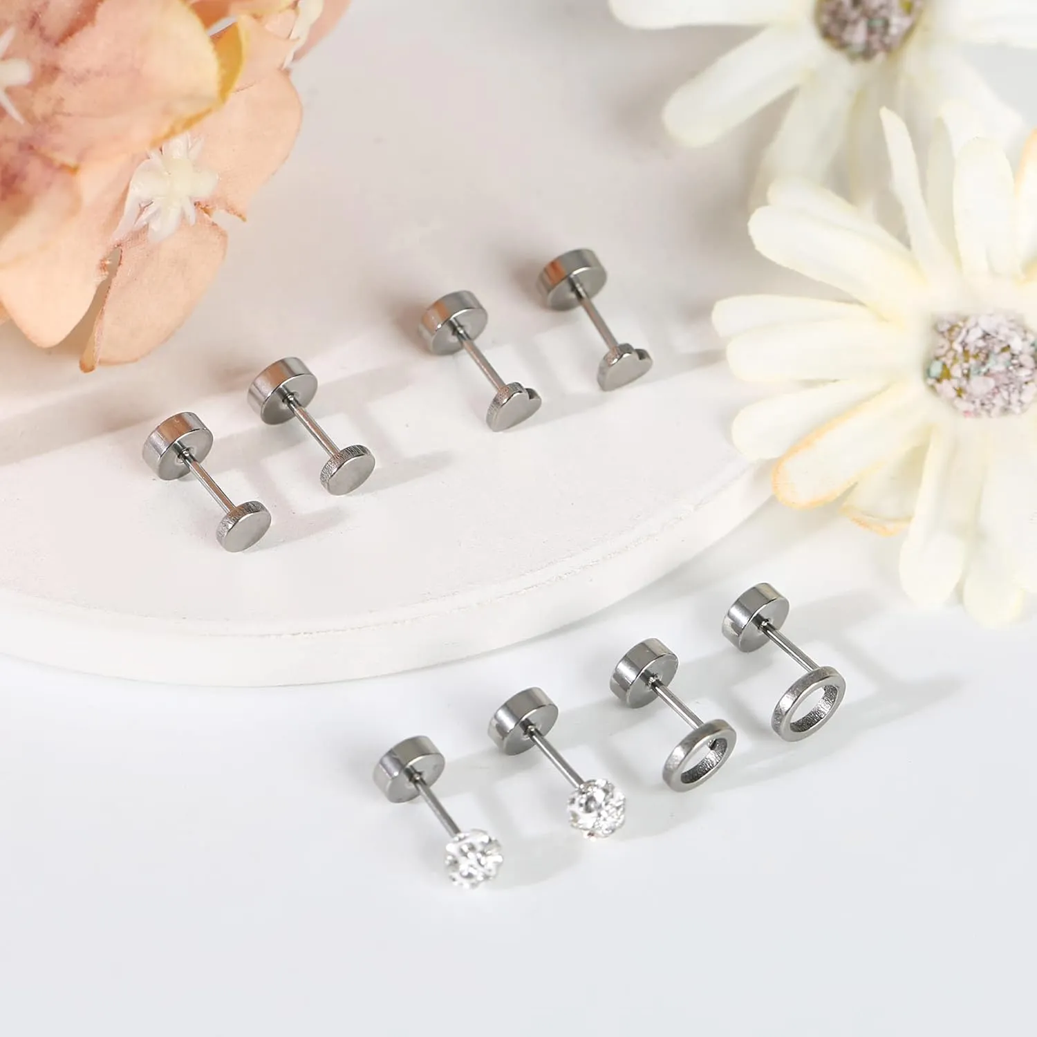 MJust Flat Back Titanium Earrings for Women & Men, 4 Pairs Hypoallergenic Titanium Earrings for Sensitive Ears, Screw Back Cartilage Earrings Set with CZ & Opal
