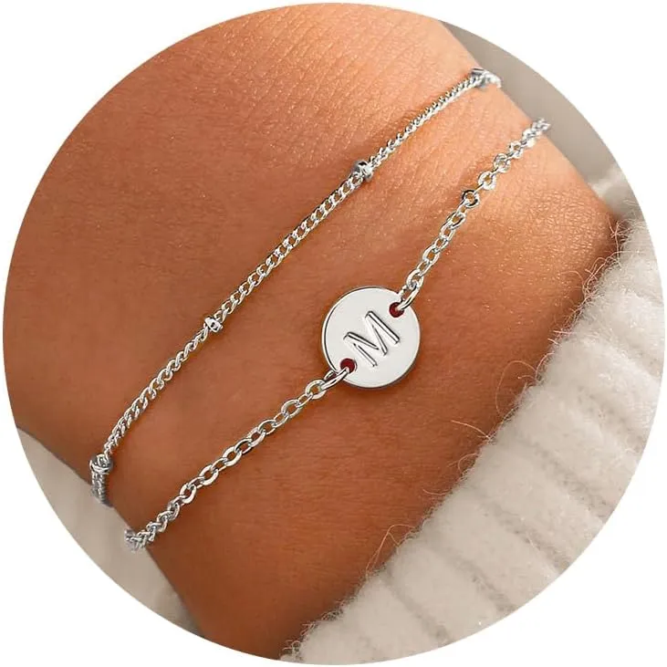 MONOZO Gold Bracelets for Women Jewelry Gifts - Dainty 18K Real Gold Plated Disc Monogram Letter A-Z Initial Bracelets for Women Trendy Personalized Letter Bracelet Jewelry Gifts for Her