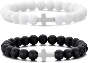 MOO&LEE Beaded Cross Bracelet for Men 8mm White and Black Bead Silver Cross Bracelets Unisex