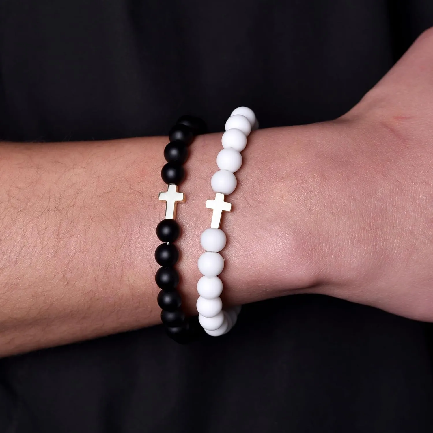 MOO&LEE Beaded Cross Bracelet for Men 8mm White and Black Bead Silver Cross Bracelets Unisex