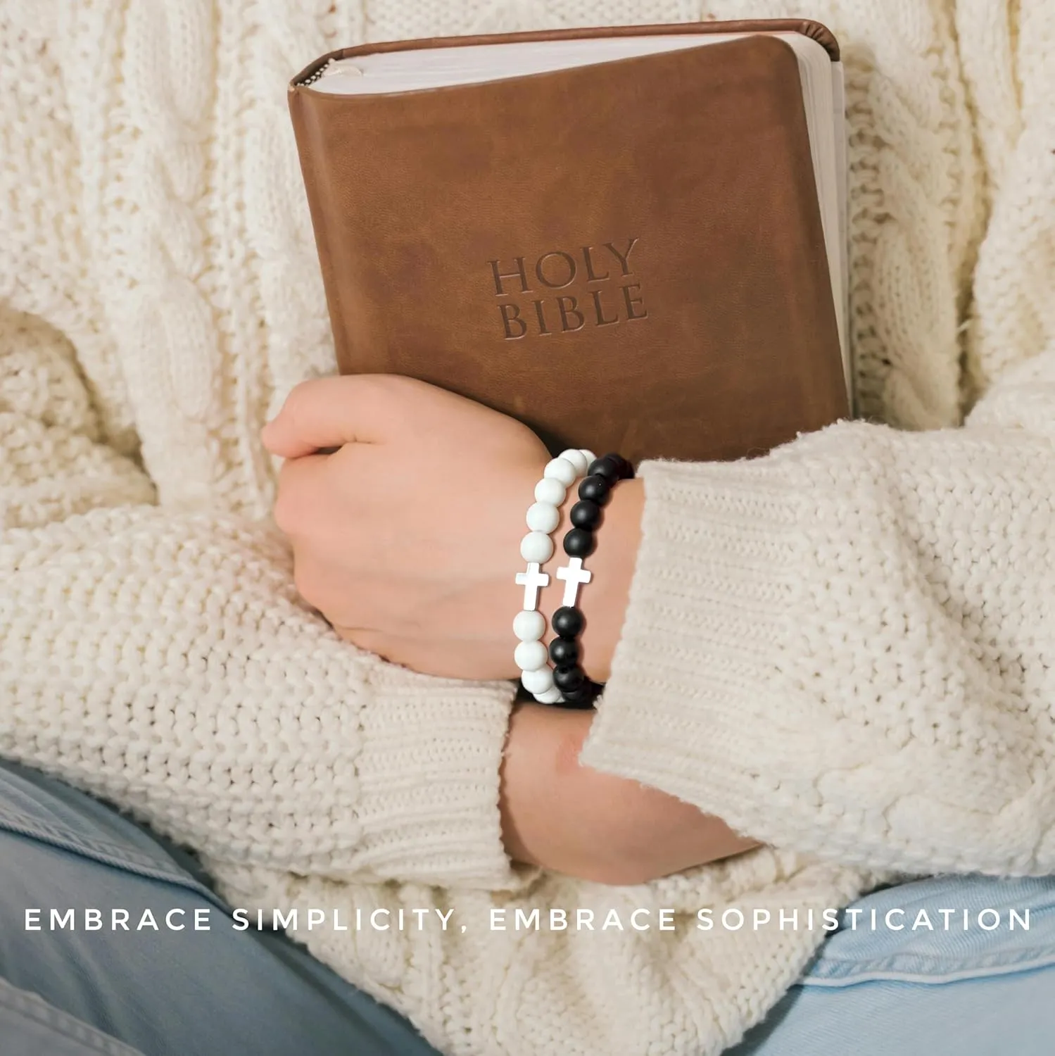 MOO&LEE Beaded Cross Bracelet for Men 8mm White and Black Bead Silver Cross Bracelets Unisex