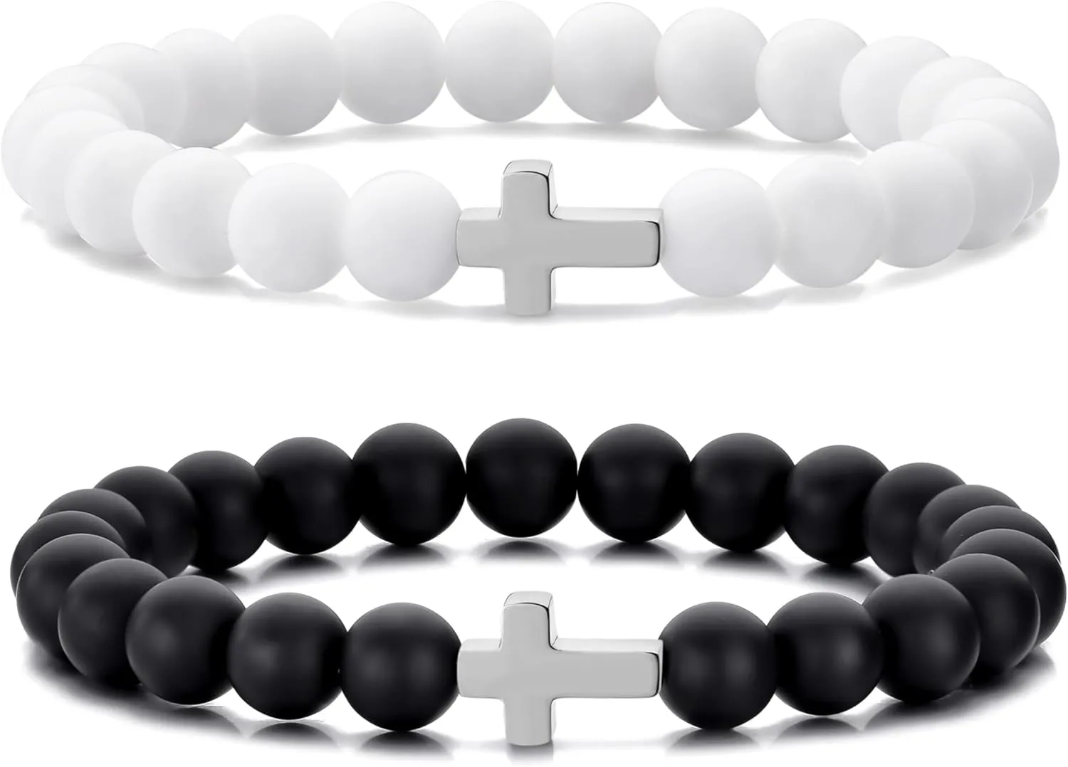 MOO&LEE Beaded Cross Bracelet for Men 8mm White and Black Bead Silver Cross Bracelets Unisex