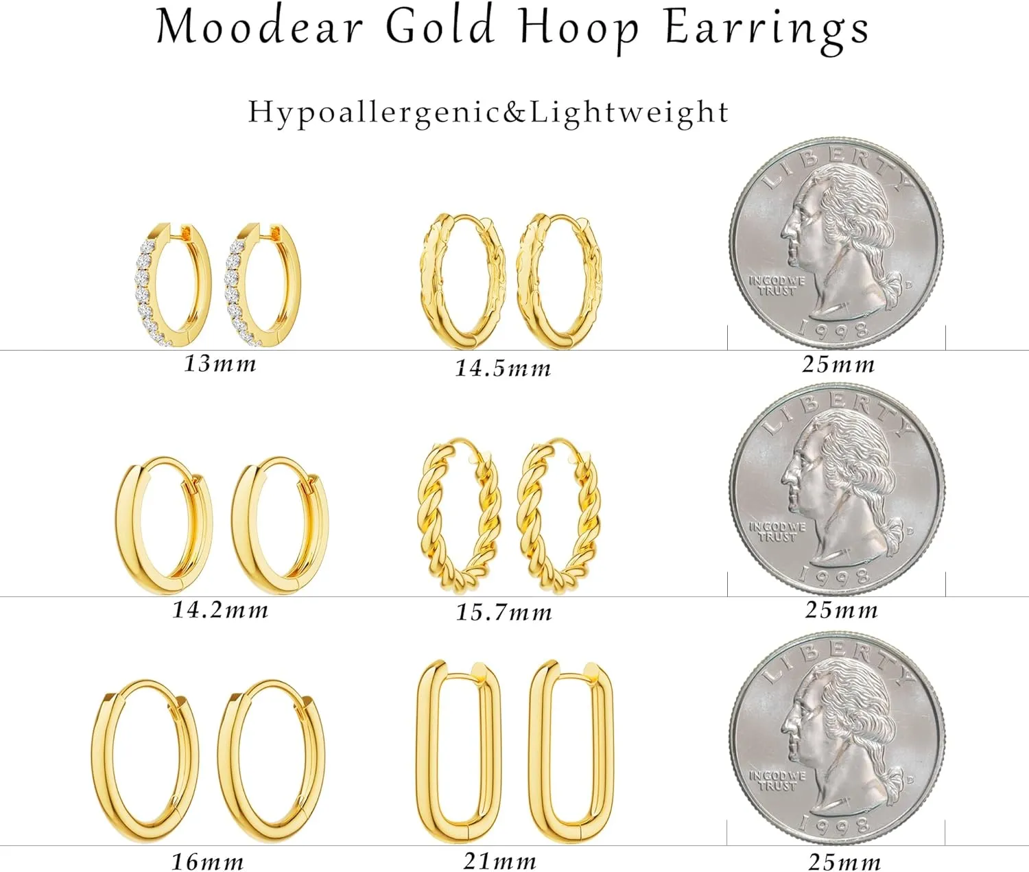 Moodear 6 Pairs Gold Hoop Earrings Set for Women 14K Gold Plated Hypoallergenic Thick Huggie Hoop Earrings Trendy Small Chunky Earrings Jewelry Gifts