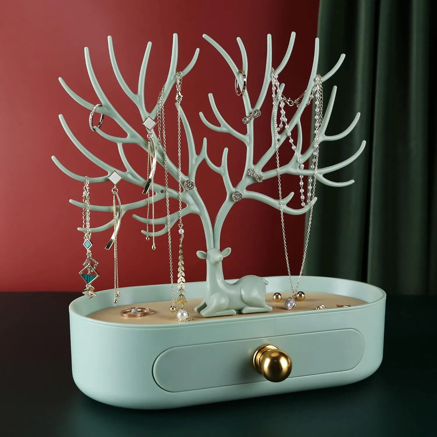 MORE&LESS Antlers Jewelry Display Stand with Aluminium alloy handle, Tree Tower Rack Hanging Organizer for Ring Earrings Necklace Bracelet, Deer Horn Tree Stand with Storage Drawer and Tray