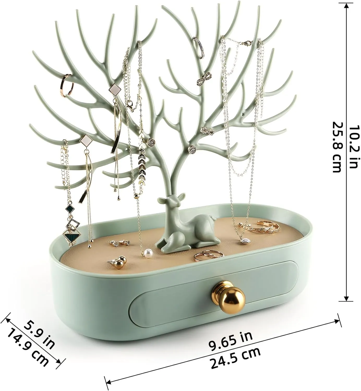 MORE&LESS Antlers Jewelry Display Stand with Aluminium alloy handle, Tree Tower Rack Hanging Organizer for Ring Earrings Necklace Bracelet, Deer Horn Tree Stand with Storage Drawer and Tray