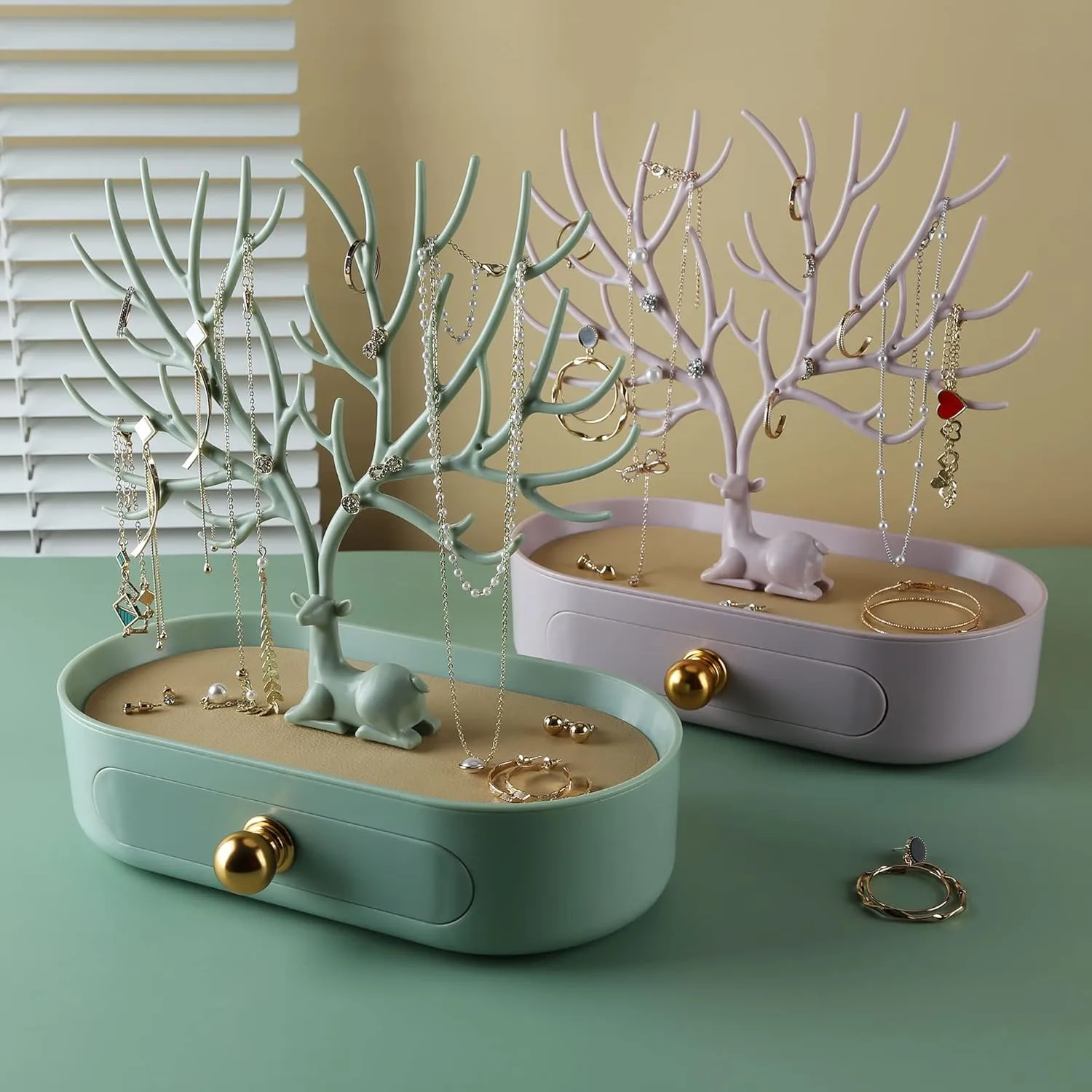 MORE&LESS Antlers Jewelry Display Stand with Aluminium alloy handle, Tree Tower Rack Hanging Organizer for Ring Earrings Necklace Bracelet, Deer Horn Tree Stand with Storage Drawer and Tray