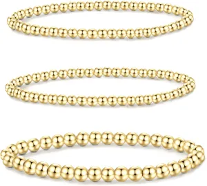 MOROTOLE 5PCS 14K Gold Plated Bracelets Set for Women Men Adjustable Hypoallergenic Stackable Stretch Bracelet Cuban Chunky Flat Link Chain Beaded Punk Gold Bracelets Jewelry Gifts for Women