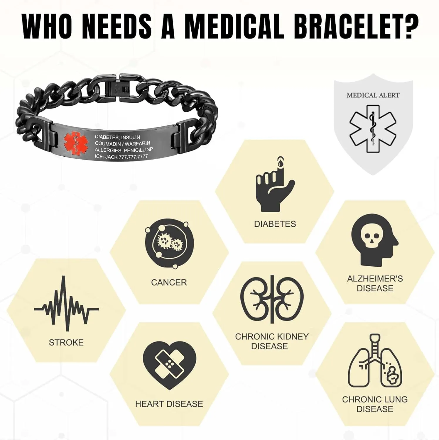 MOTICIUS Medical Alert Bracelets for Men Women Custom Medical ID Bracelet with Free Engraving Emergency Medical Alert Bracelets Wristband