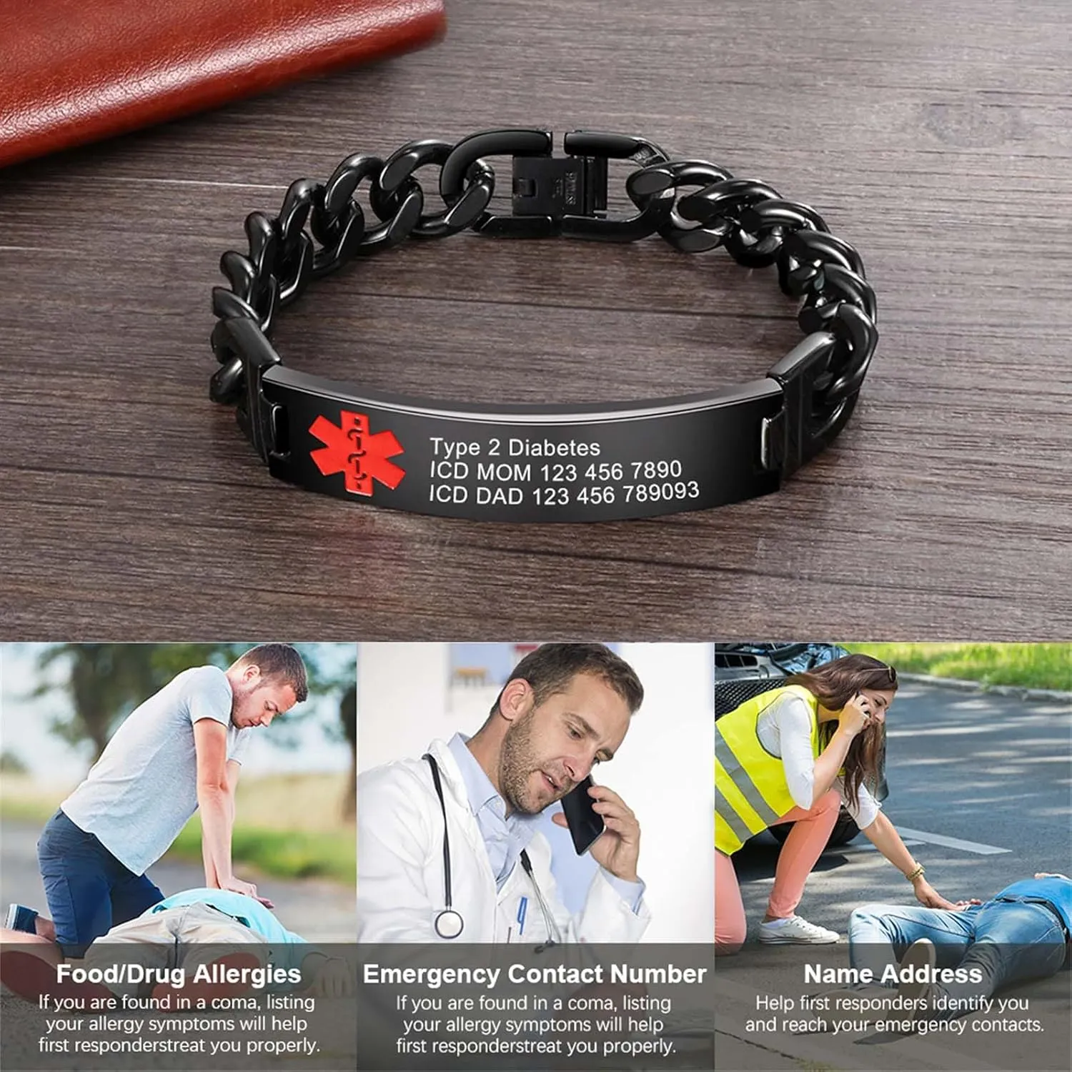 MOTICIUS Medical Alert Bracelets for Men Women Custom Medical ID Bracelet with Free Engraving Emergency Medical Alert Bracelets Wristband
