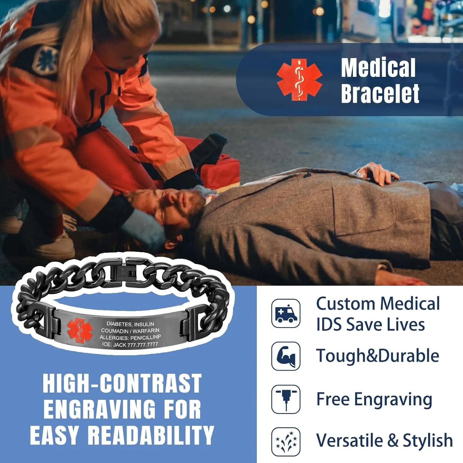 MOTICIUS Medical Alert Bracelets for Men Women Custom Medical ID Bracelet with Free Engraving Emergency Medical Alert Bracelets Wristband