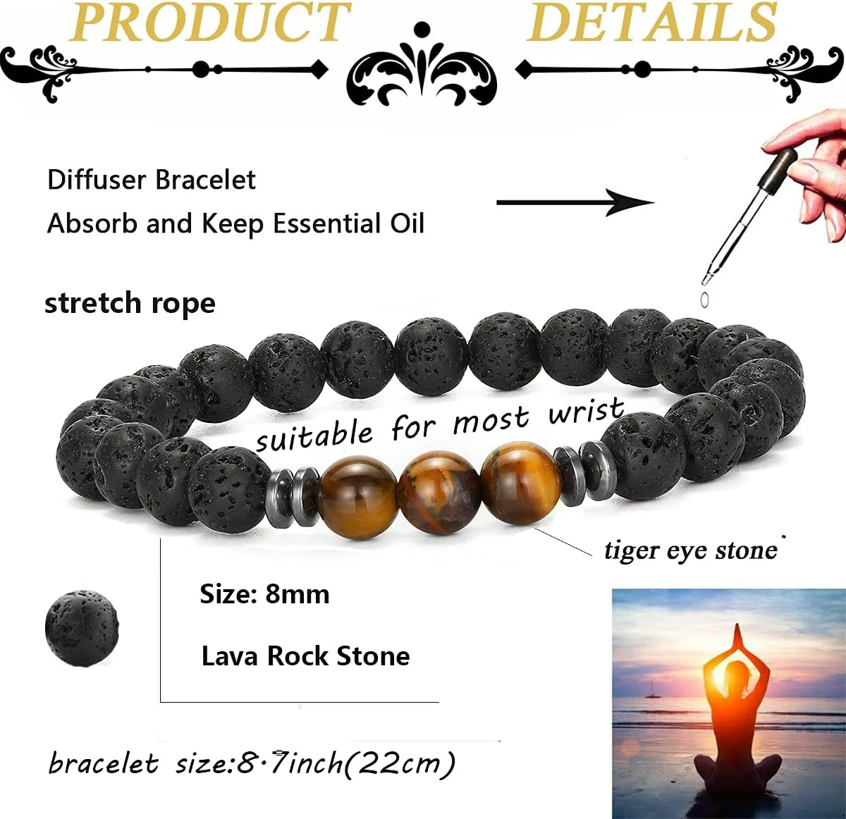 MOZAKA 12Pcs 8mm Natural Stone Lava Rock Beaded Bracelets for Men Women Tiger Eye Hematite Black Onyx Matte Beads Essential Oil Diffuser Lava Stone Bead Bracelets Bulk