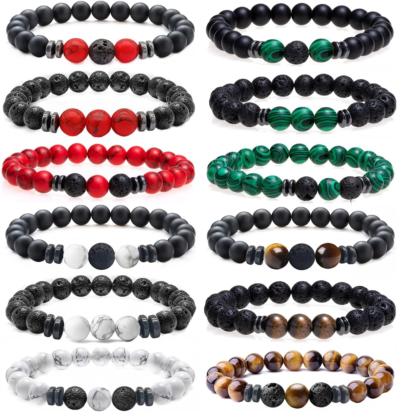 MOZAKA 12Pcs 8mm Natural Stone Lava Rock Beaded Bracelets for Men Women Tiger Eye Hematite Black Onyx Matte Beads Essential Oil Diffuser Lava Stone Bead Bracelets Bulk