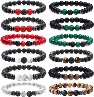 MOZAKA 12Pcs 8mm Natural Stone Lava Rock Beaded Bracelets for Men Women Tiger Eye Hematite Black Onyx Matte Beads Essential Oil Diffuser Lava Stone Bead Bracelets Bulk