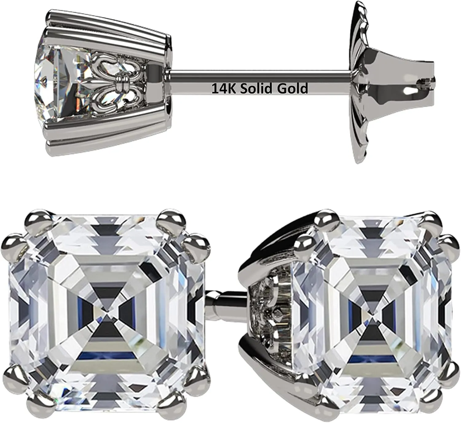 NANA Jewels Asscher Cut 14K Solid Gold Posts & Sterling Silver Simulated Diamond Stud Earrings 0.75 to 4.00ctw CZ